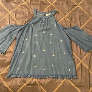 Denim cold shoulder w/ embroidered stars!!